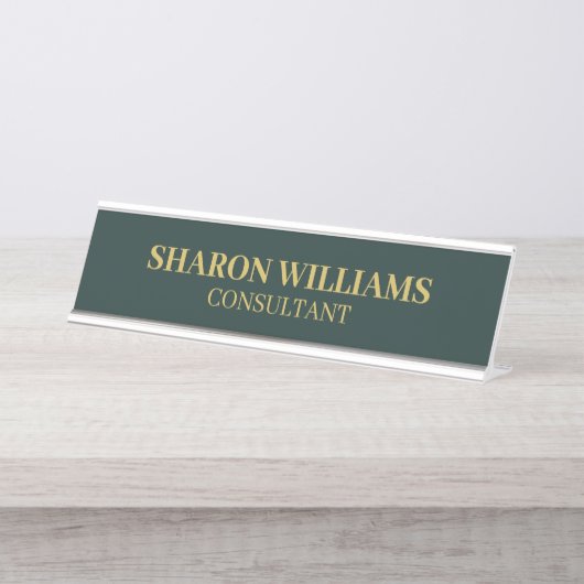 Stijlvolle professionele donkergroene en gouden mi bureau naambordje (Voorkant)