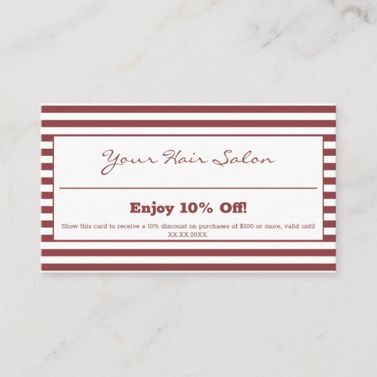 Stijlvolle professionele gestreepte kapsalon 10% kortingskaartje (Voorkant)