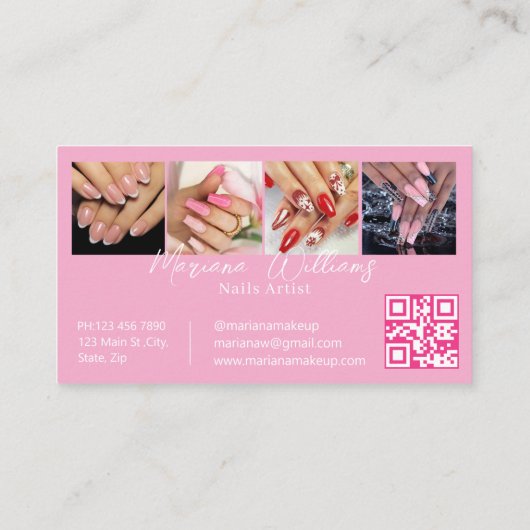 Stijlvolle QR Code Nails Tech 4 foto's Roze Chic Visitekaartje (Achterkant)