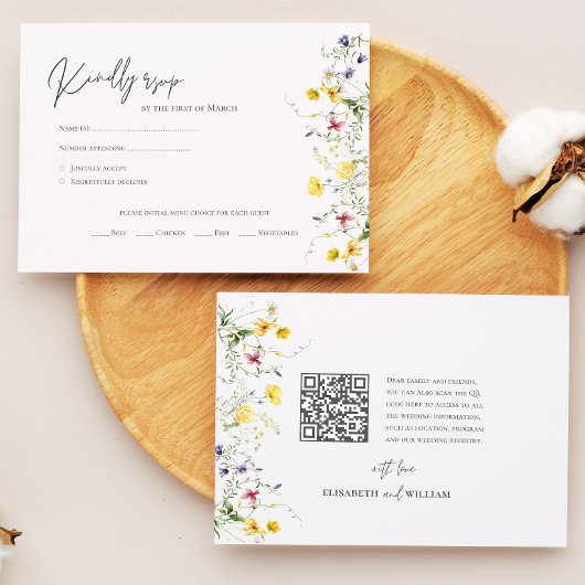 Stijlvolle QR Code Waterverf Wildflowers Wedding R RSVP Kaartje