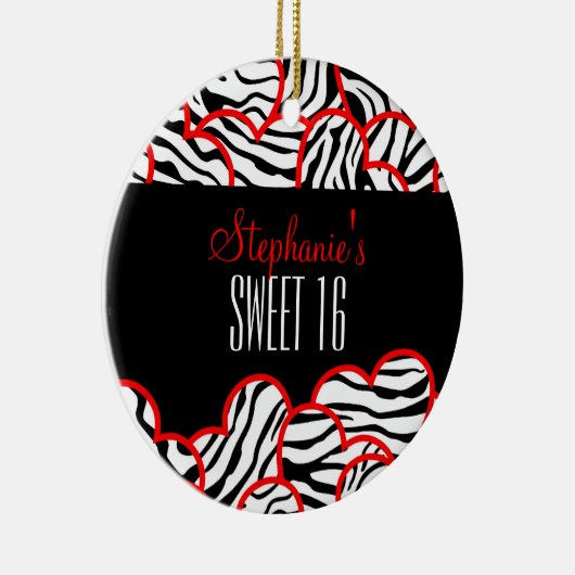 Stijlvolle Red Sweet 16 Zebra Heart Design Naam Keramisch Ornament (Rechts)