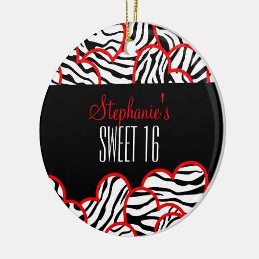 Stijlvolle Red Sweet 16 Zebra Heart Design Naam Keramisch Ornament (Links)