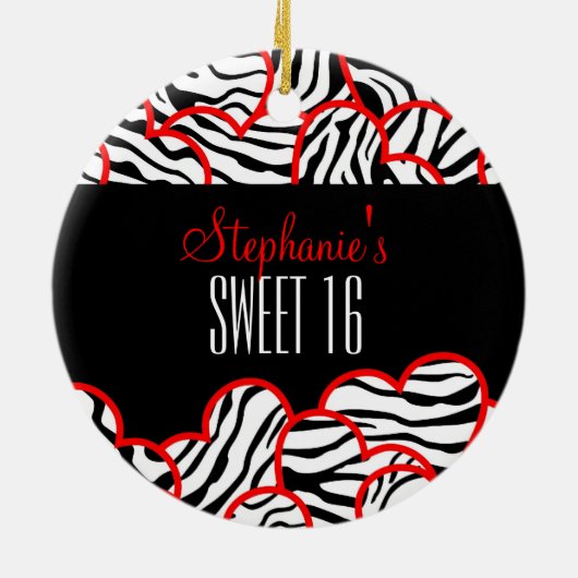 Stijlvolle Red Sweet 16 Zebra Heart Design Naam Keramisch Ornament (Achterkant)