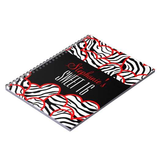 Stijlvolle Red Sweet 16 Zebra Heart Design Naam Notitieboek (Linkerzijde)