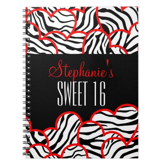 Stijlvolle Red Sweet 16 Zebra Heart Design Naam Notitieboek (Voorkant)