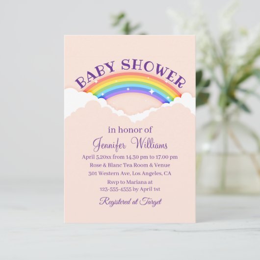 stijlvolle regenboog en roze baby shower kaart (Staand voorkant)