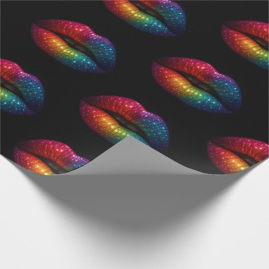 Stijlvolle regenboog glitter lippen patroon zwart cadeaupapier (Hoek)