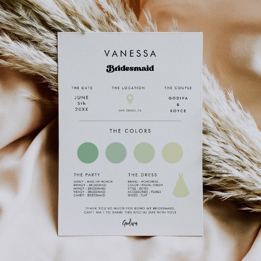 Stijlvolle retro bruidsmeisje info kaart