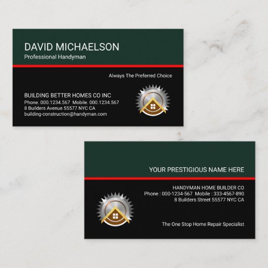 Stijlvolle Retro Green Black Handyman Layers Visitekaartje (Voorkant / Achterkant)