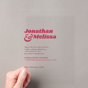 Stijlvolle Retro Hot Pink Typografie Huwelijk  Acryl Uitnodigingen