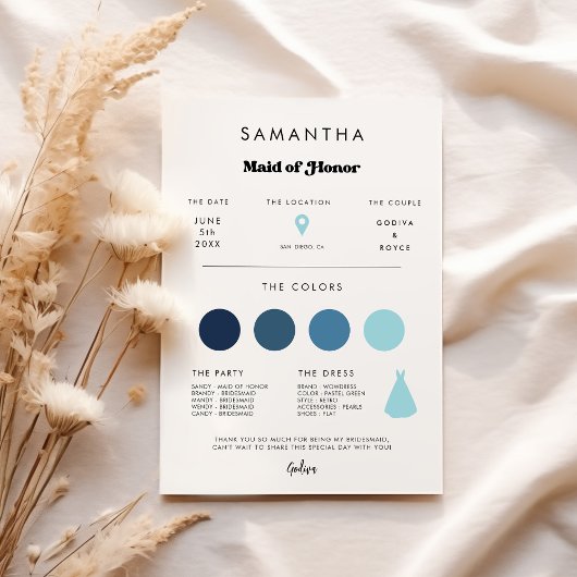Stijlvolle retro Maid of Honor info kaart