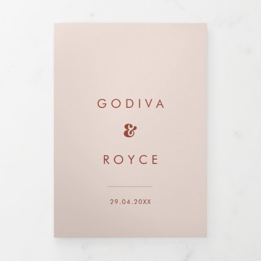 Stijlvolle retro pekroze all-in-one trouwfoto drieluik uitnodiging (Cover)