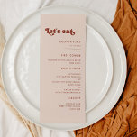 Stijlvolle retro pekroze Laten we bruiloft eten Menu<br><div class="desc">Laten we eten! Het menu van de bruiloft of van de receptie partij. Een retro-chic-thema: neem dit enigszins  en stijlvolle typografische ontwerp aan voor je trouwkantoorbenodigdheden,  met een verbrand oranje,  terracotta,  bruine suiker & perzikroze kleurthema. Volledig aanpasbare tekst,  kleuren en achtergronden.</div>