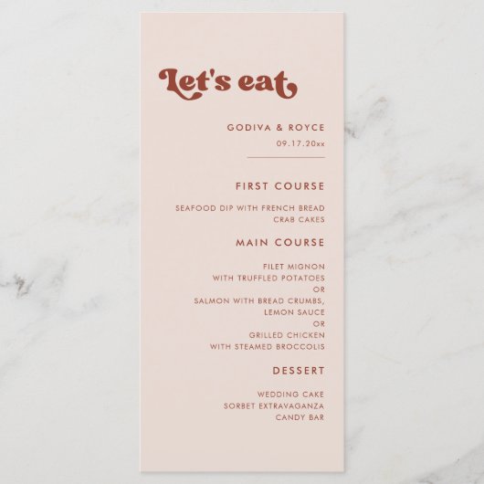 Stijlvolle retro pekroze Laten we bruiloft eten Menu (Voorkant)