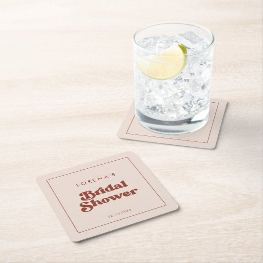 Stijlvolle retro perzik roze bruidsdouche kartonnen onderzetters (Insitu)