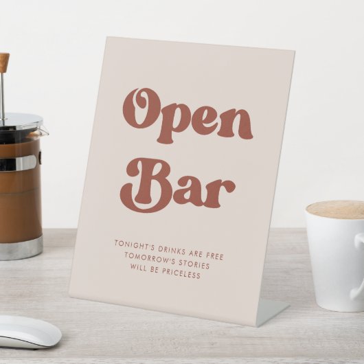 Stijlvolle retro perzik roze bruiloft open bar reclamebord met voetstuk (Insitu)