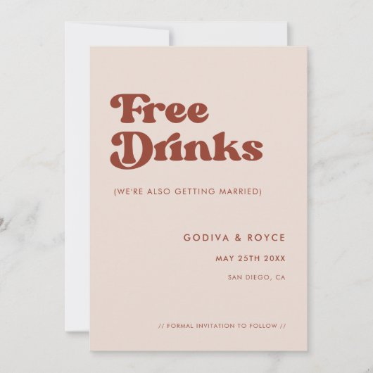 Stijlvolle retro perzik roze gratis drinken save the date (Voorkant)