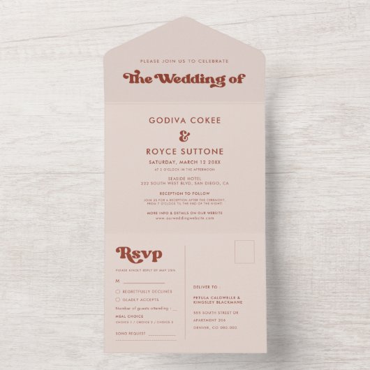 Stijlvolle retro pink bruiloft all in one uitnodiging (Binnen)