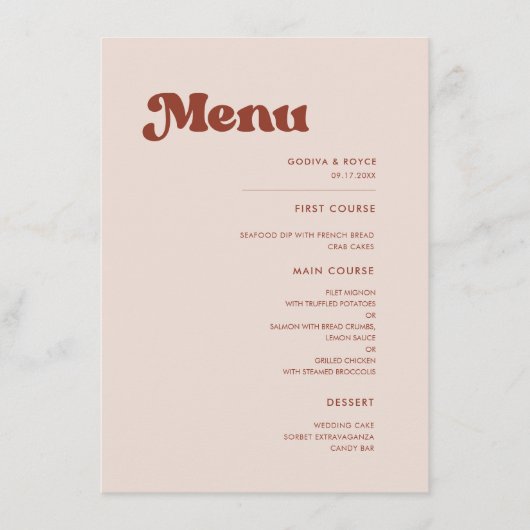 Stijlvolle retro pink bruiloft menu (Voorkant)