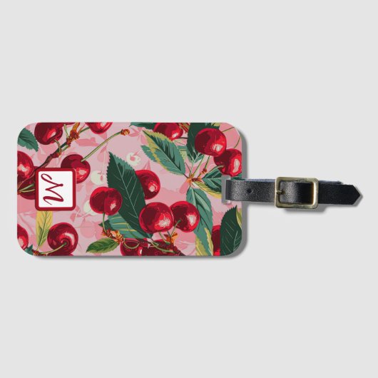 Stijlvolle Retro Roze en Rode Monogrammed Cherry Bagagelabel (Voorkant (horizontaal))
