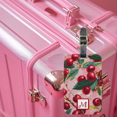 Stijlvolle Retro Roze en Rode Monogrammed Cherry Bagagelabel