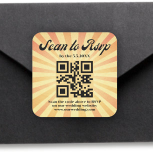 Stijlvolle retro sinaasappel RSVP QR code bruiloft Vierkante Sticker