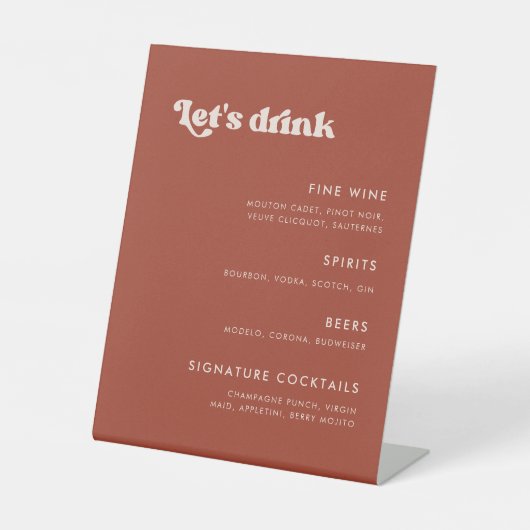 Stijlvolle retro terracotta bruiloft bar menu reclamebord met voetstuk (Voorkant)
