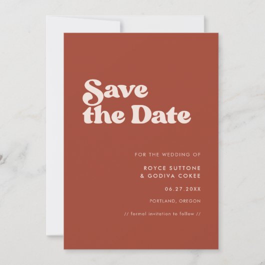 Stijlvolle retro terracotta save the date (Voorkant)