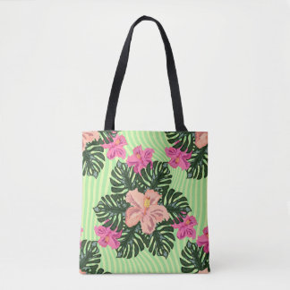 Stijlvolle Retro Tropische Hibiscus & Monstera Blo Tote Bag
