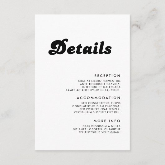 Stijlvolle Retro Zwart & Wit bruiloft Details Informatiekaartje (Voorkant)