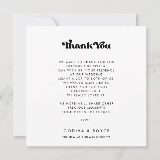 Stijlvolle retro zwart & wit bruiloft vierkant bedankkaart (Achterkant)