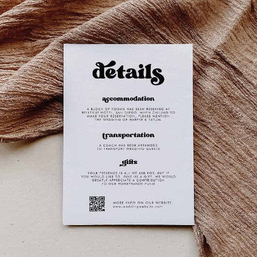 Stijlvolle retro zwart & wit Details QR-code Informatiekaartje