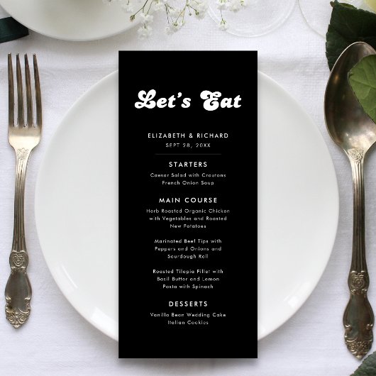 Stijlvolle Retro Zwart & Wit Laten we Trouwen Eten Menu
