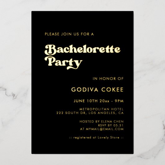 Stijlvolle retro zwarte & gouden Bachelorette Part Folie Uitnodiging (Voorkant)