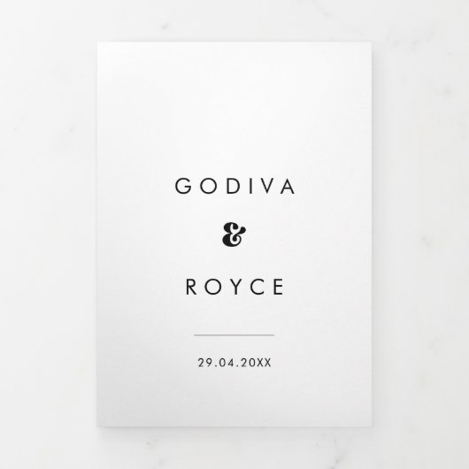 Stijlvolle retro zwarte & witte all-in-one bruilof drieluik uitnodiging (Cover)