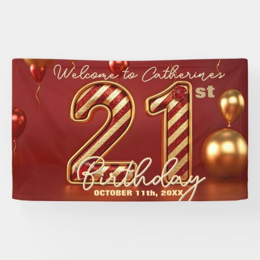 Stijlvolle rode en gouden verjaardagsfeest 21e ver spandoek (Horizontaal)