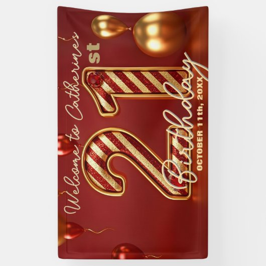 Stijlvolle rode en gouden verjaardagsfeest 21e ver spandoek (Verticaal)