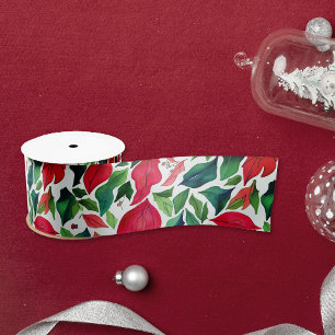 Stijlvolle rode en groene bladeren Christmas water Satijnen Lint