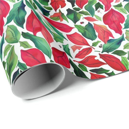 Stijlvolle rode en groene bladeren kerst Waterverf Cadeaupapier (Rol Hoek)