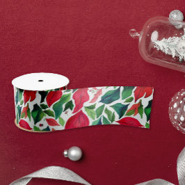 Stijlvolle rode en groene bladeren kerst Waterverf Satijnen Lint