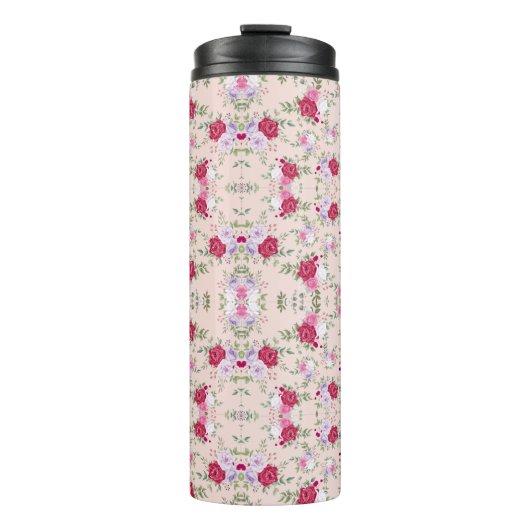 Stijlvolle rode en paarse bloemenprint op blush pi thermosbeker (Voorkant)
