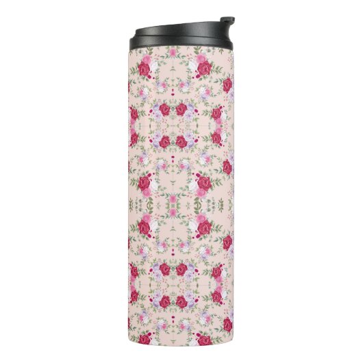 Stijlvolle rode en paarse bloemenprint op blush pi thermosbeker (Gedraaid links)