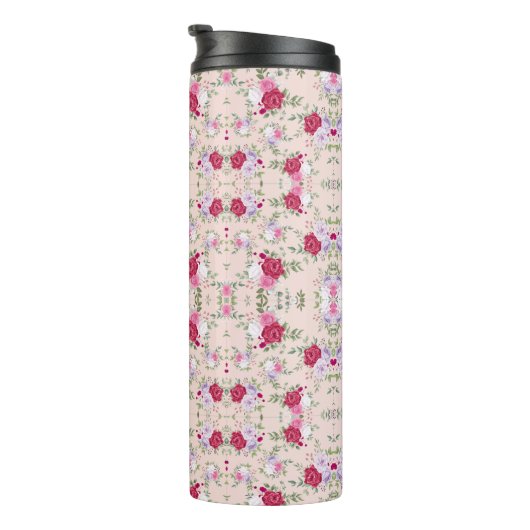 Stijlvolle rode en paarse bloemenprint op blush pi thermosbeker (Geroteerd rechts)