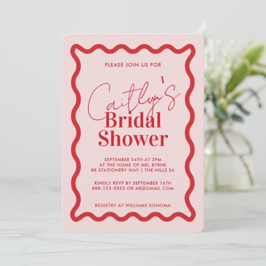 Stijlvolle Rode Grens Bridal Shower Uitnodiging (Staand voorkant)