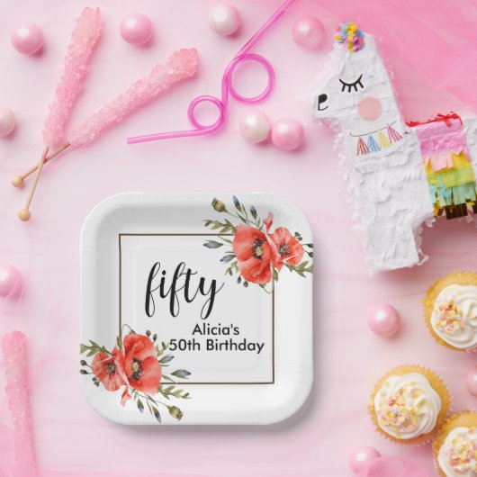 Stijlvolle rode klaproos Flora 50ste verjaardag Papieren Bordje (Feest)