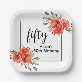 Stijlvolle rode klaproos Flora 50ste verjaardag Papieren Bordje