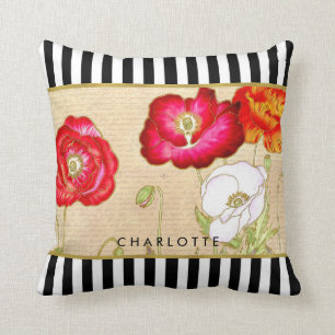 Stijlvolle rode papaver Floral Black Stripes met n Kussen