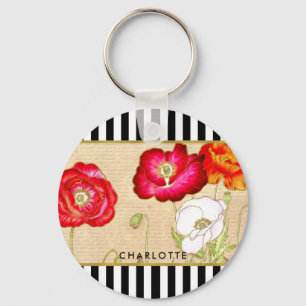 Stijlvolle rode papaver Floral Black Stripes met n Sleutelhanger