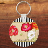 Stijlvolle rode papaver Floral Black Stripes met n Sleutelhanger (Voorkant)