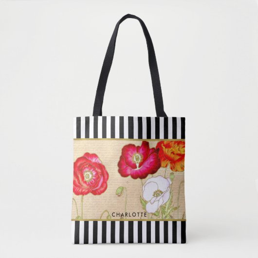 Stijlvolle rode papaver Floral Black Stripes met n Tote Bag (Voorkant)